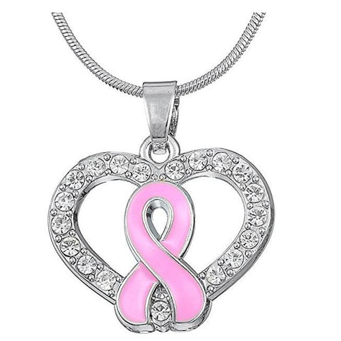 Pink Ribbon Crystal Heart Pendant Necklace