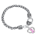 Pink Ribbon Crystal Charm Wheat Chain Bracelet