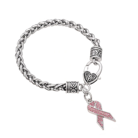 Pink Ribbon Crystal Charm Wheat Chain Bracelet