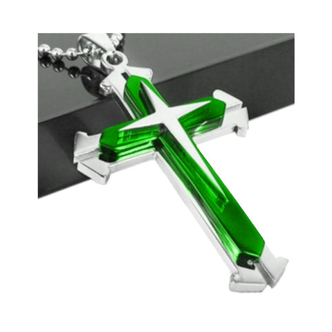 Green Silver Stainless Steel Cross Pendant Necklace Chain